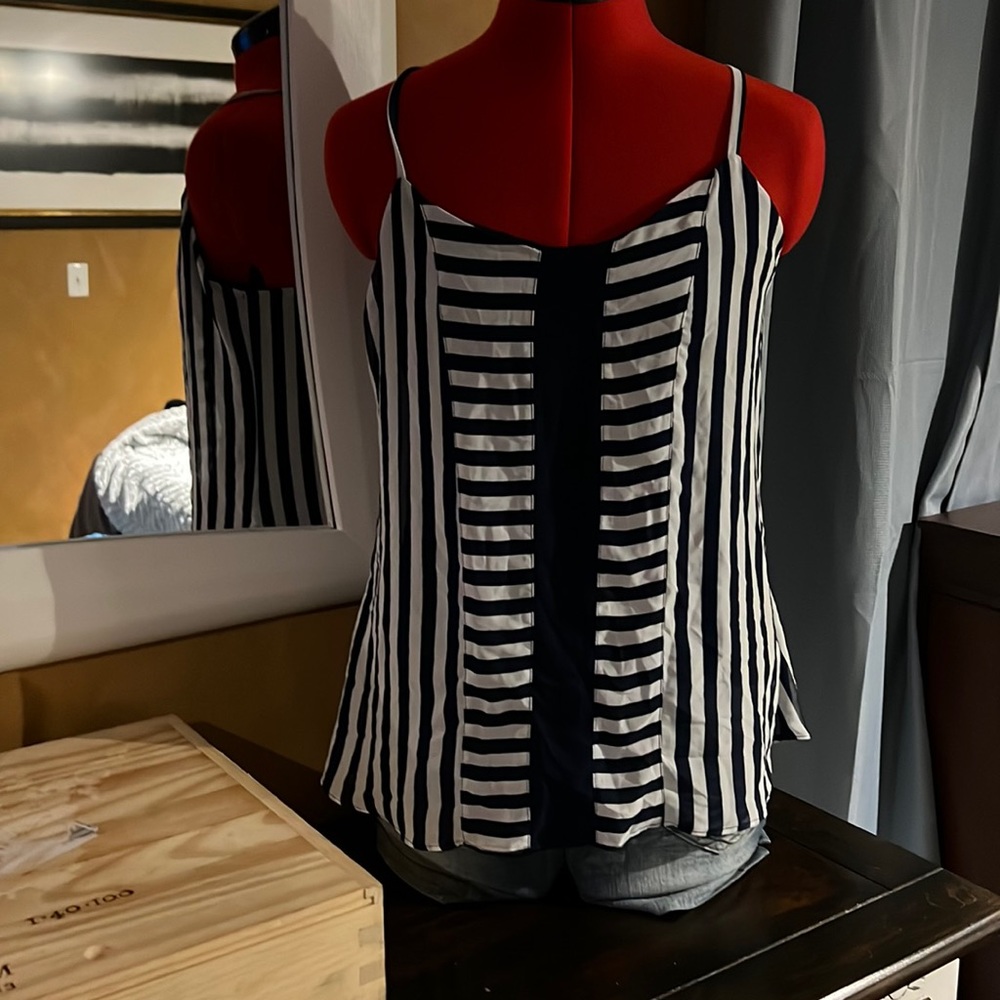 New York and Company navy blue and white striped shirt.